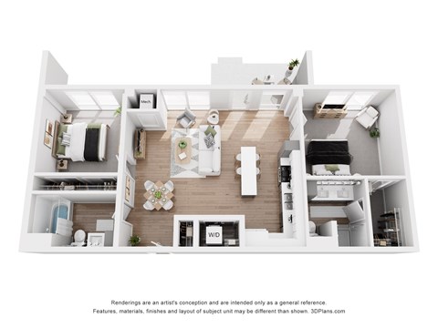 A 3D floor plan of a modern apartment with a living room, kitchen, and bedrooms.